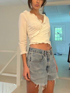 Anti-Flirt Collection Vintage 90s 3/4 Sleeve Ruffle Trim Wrap Top Size 3 White